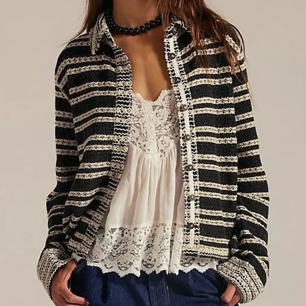 Free People We The Free Kai Cardi Shirt Blouse Top Striped Crochet XS 286768